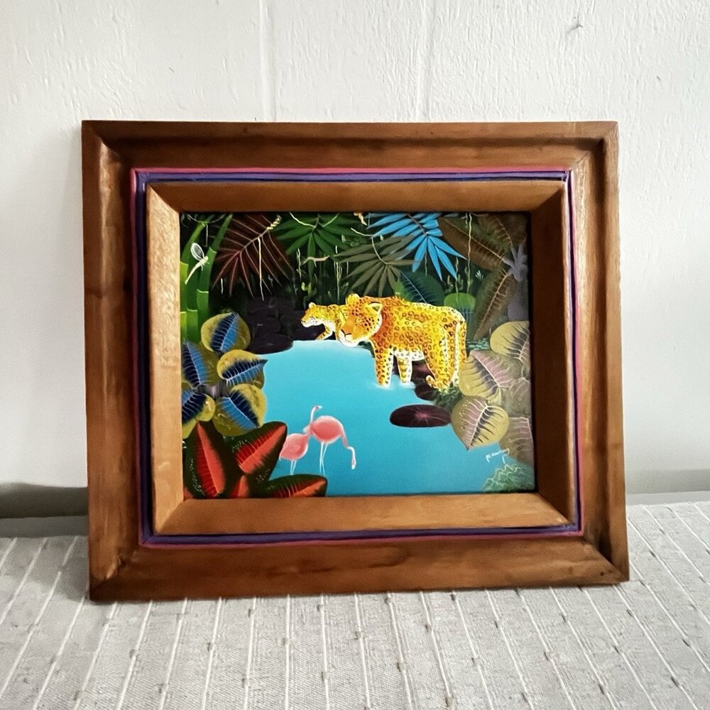 Myrthil Folk Art Painting Tropical Jungle Leopard Folk Surrealist Scene Framed